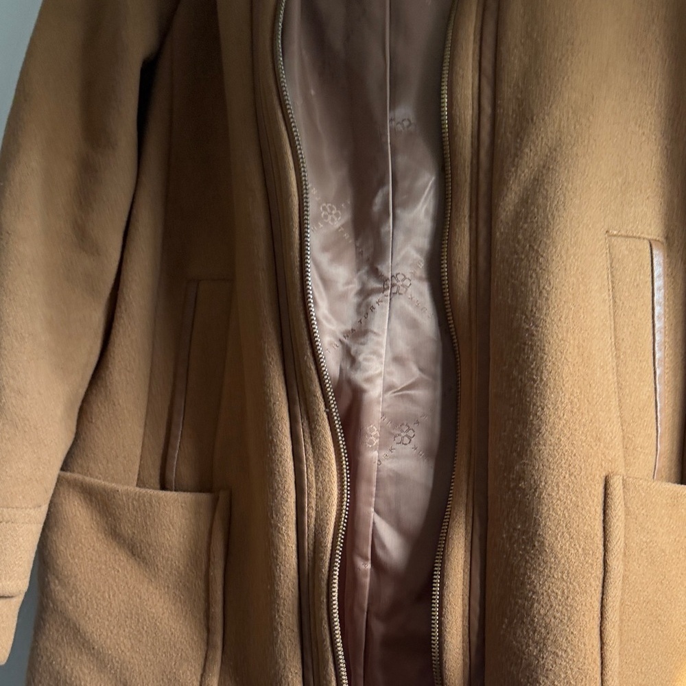 Trina Turk Tan Wool Coat with Coyote Fur Hood - Picture 12 of 16